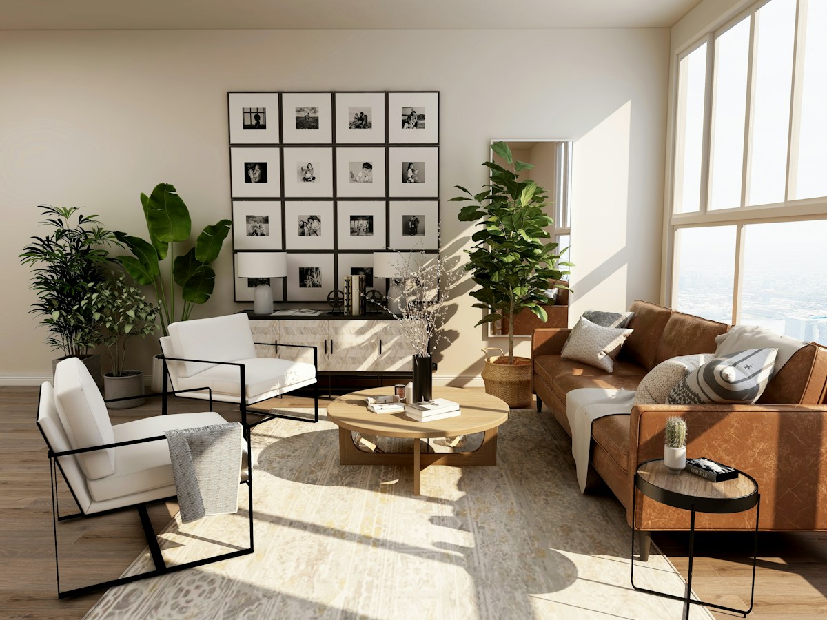Salon lumineux aux tons naturels, photographie d’illustration